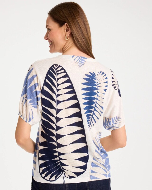 Leaf Print Linen Ruched V-Neck Tee - image 3